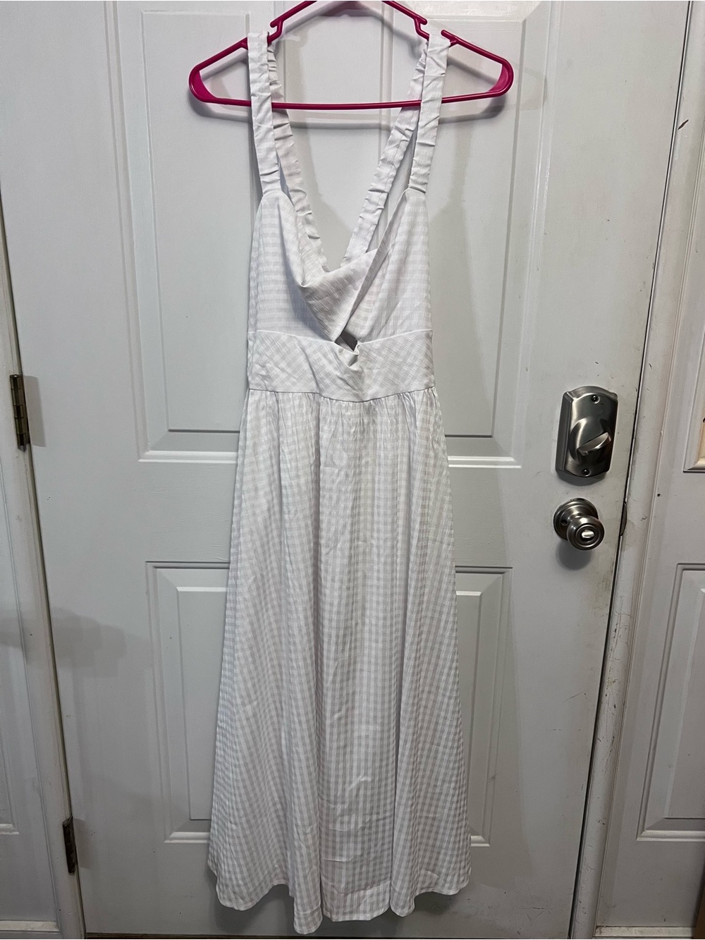 Lulus City Strolls White Gingham Backless Twist Front Midi Dress Women’s L